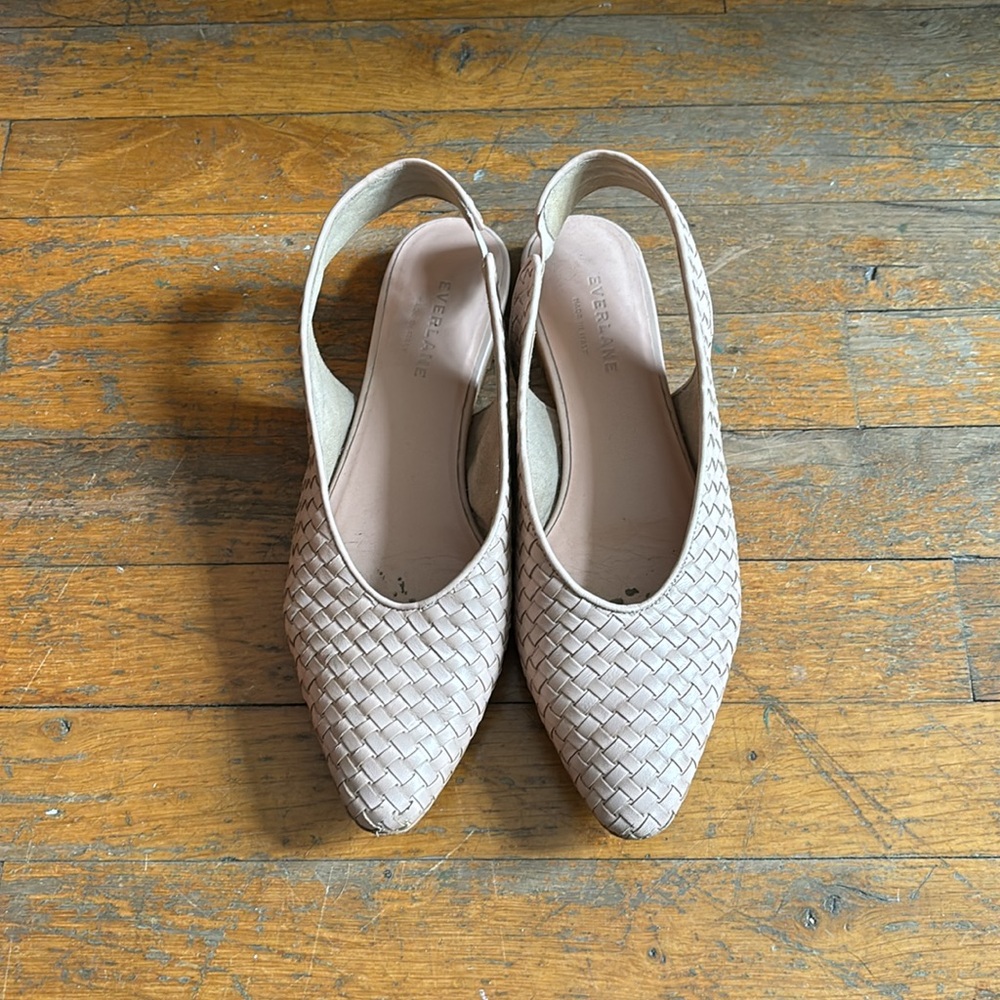 Pink woven leather sling backs